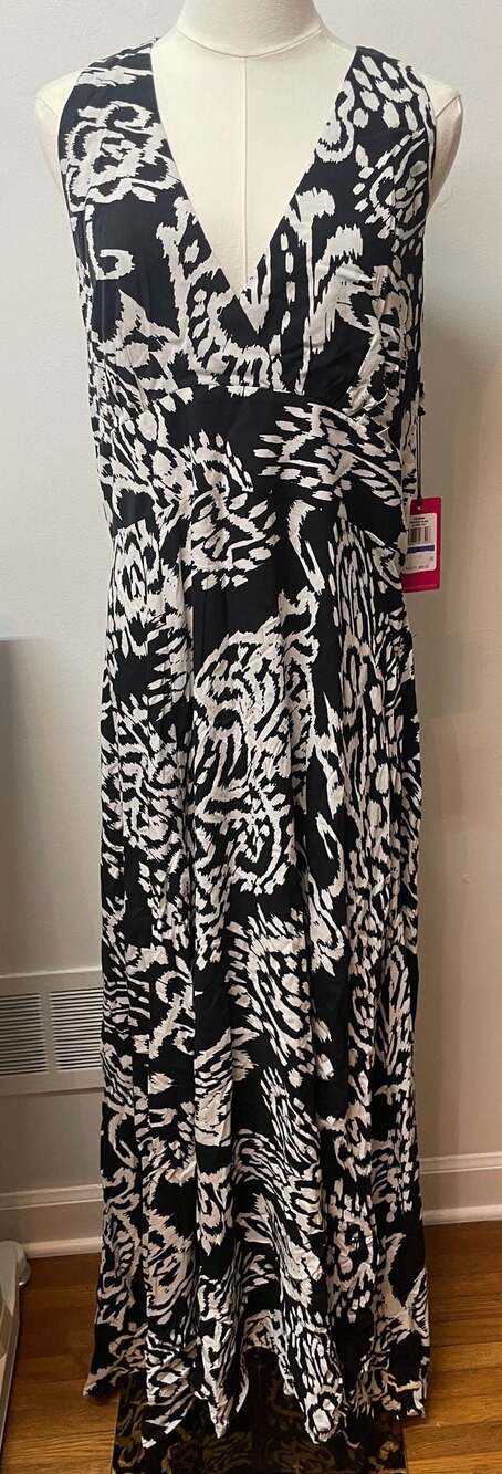 Vince Camuto Black White Abstract Print Sleeveless V-Neck Maxi Dress Sz XL Flowy